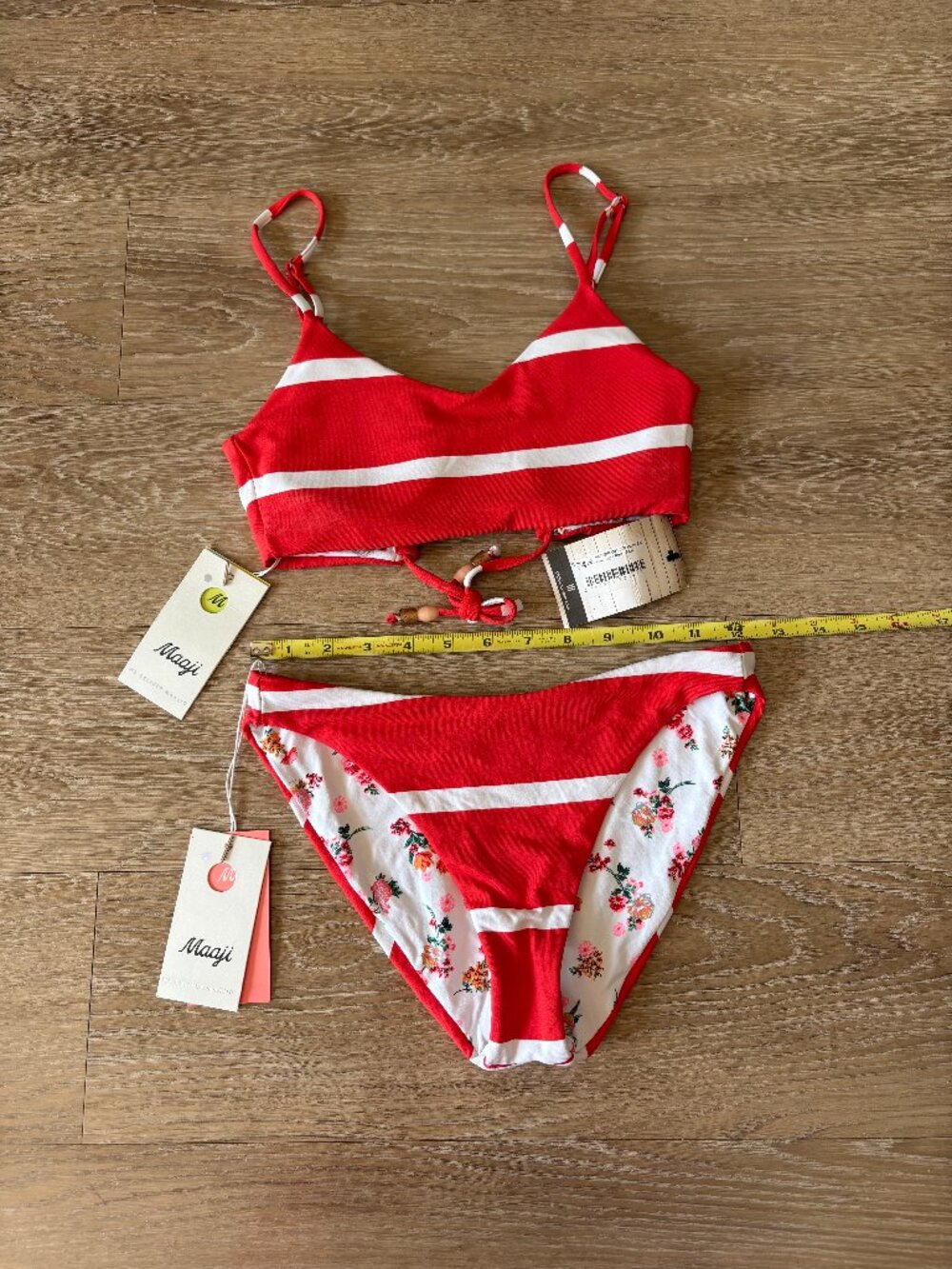 Maaji Reversible Bikini Set Small Floral Red Striped NWT